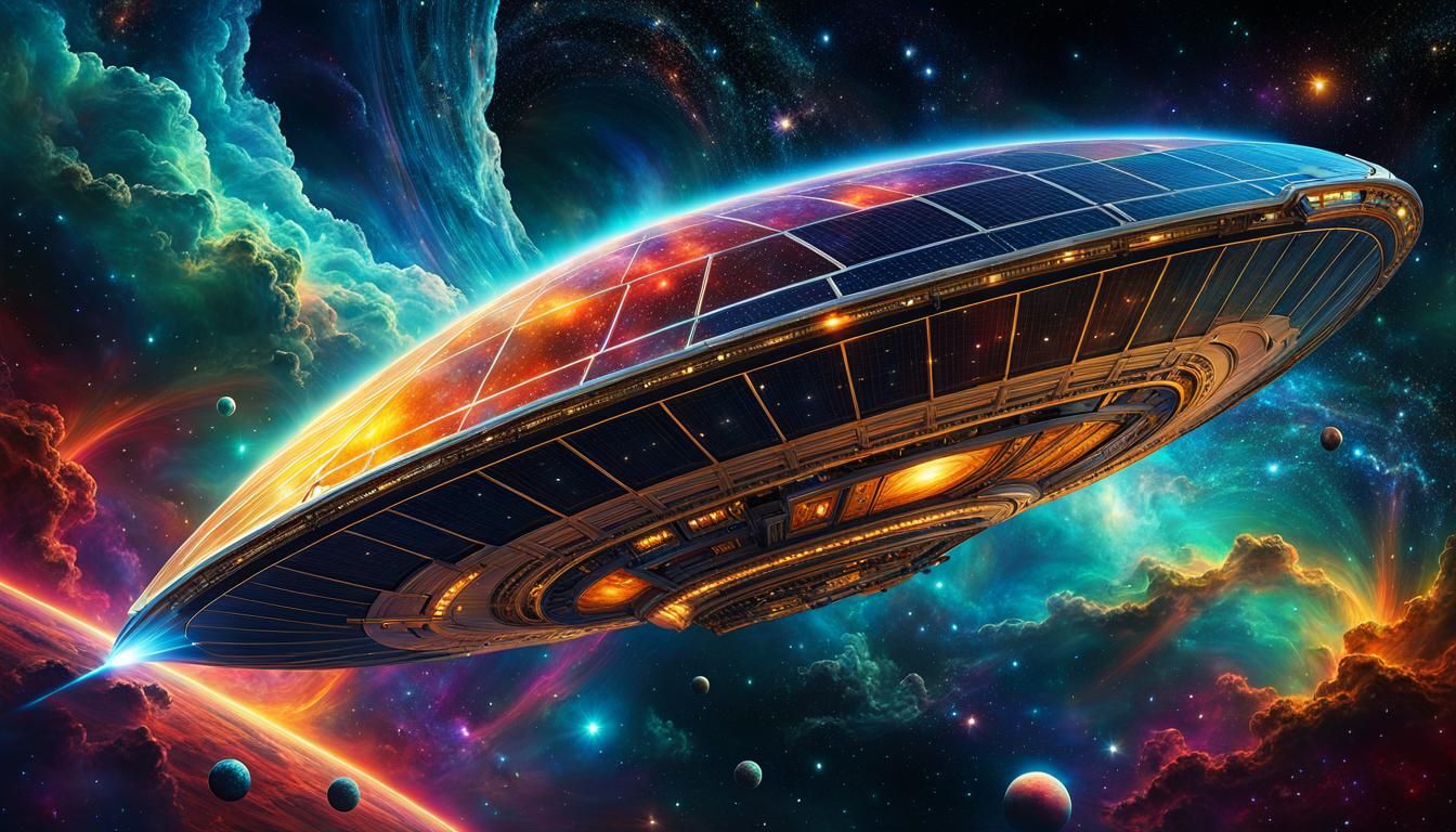 Retro Sci-Fi Spaceship Sailing Through Art Nouveau Nebula