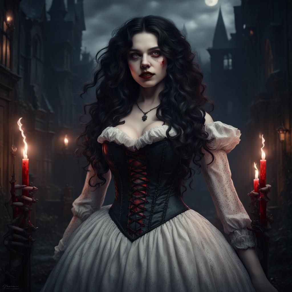 Victorian Vampire with Bloody Fangs in Detailed Matte Painti...