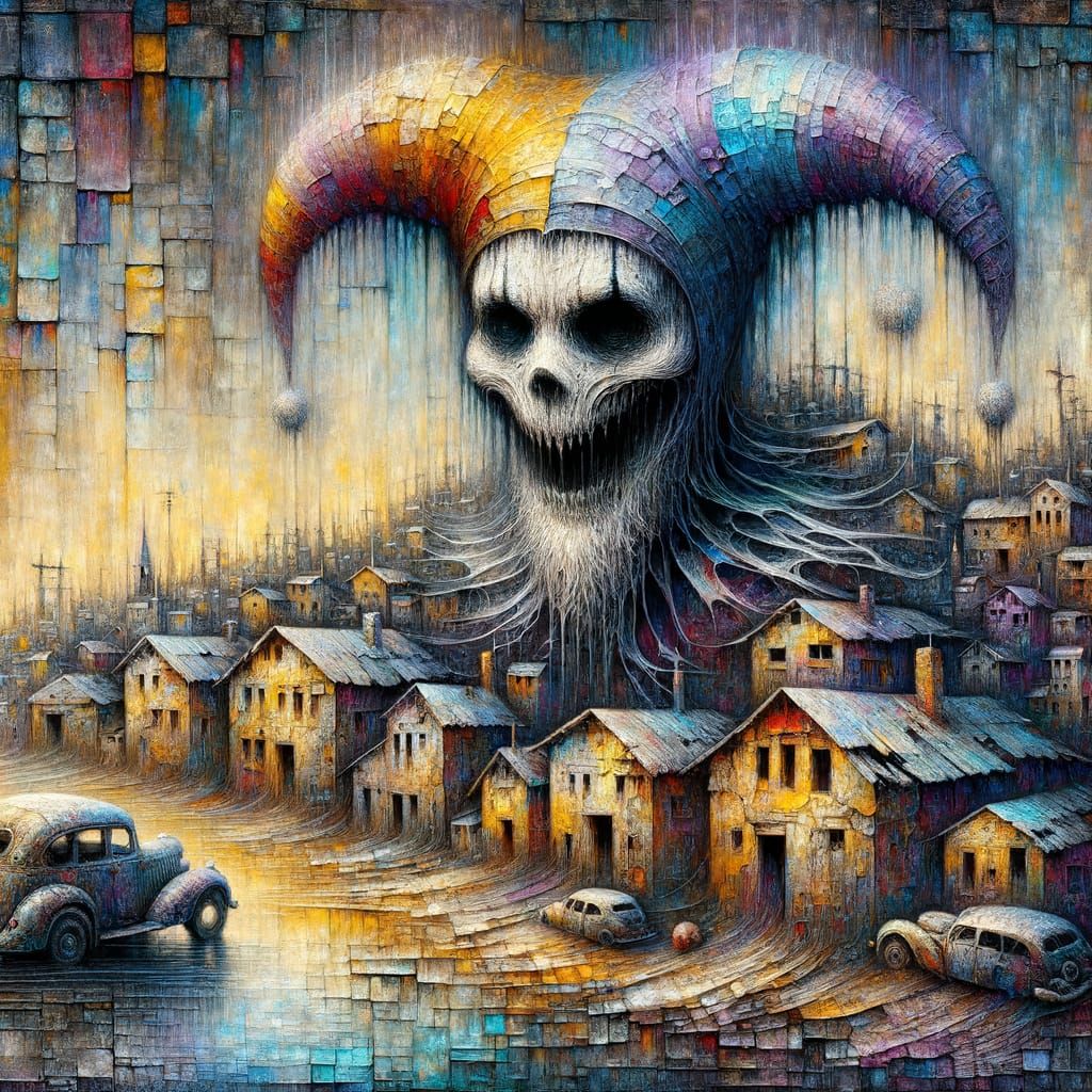 Spectral Jester in Gloomy Town, Conte Drawing Style