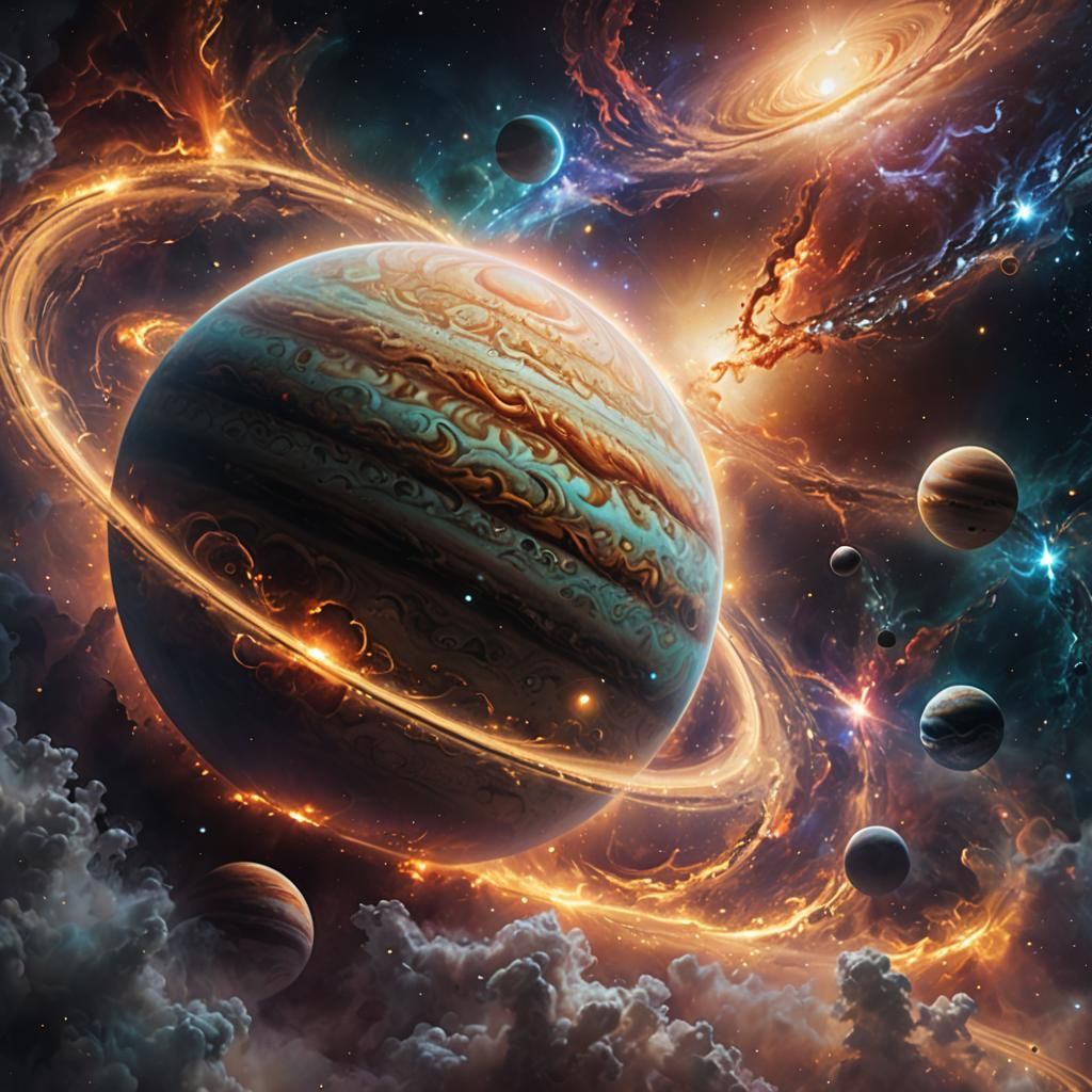 Iridescent Gas Giant with Luminous Planets