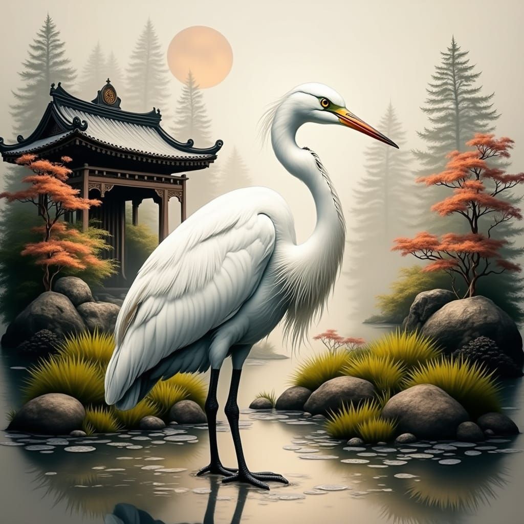 Elegant Egret in Japanese Wetland Scene