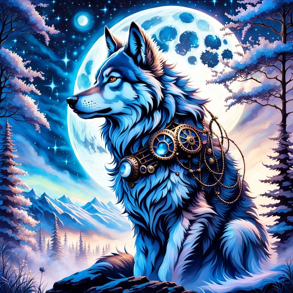 Steampunk Wolf Howling at Starry Moonlit Sky