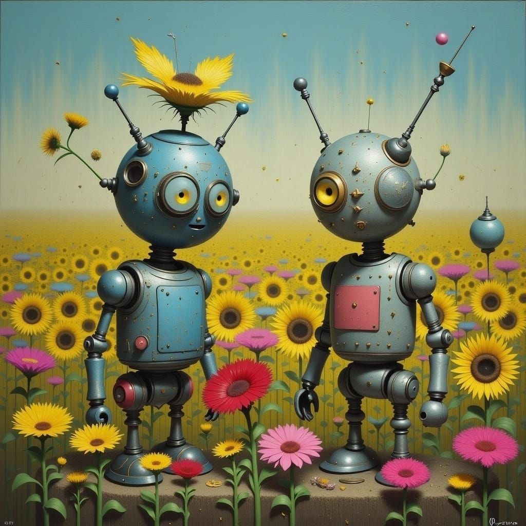 Cute Robots in a Flower Garden