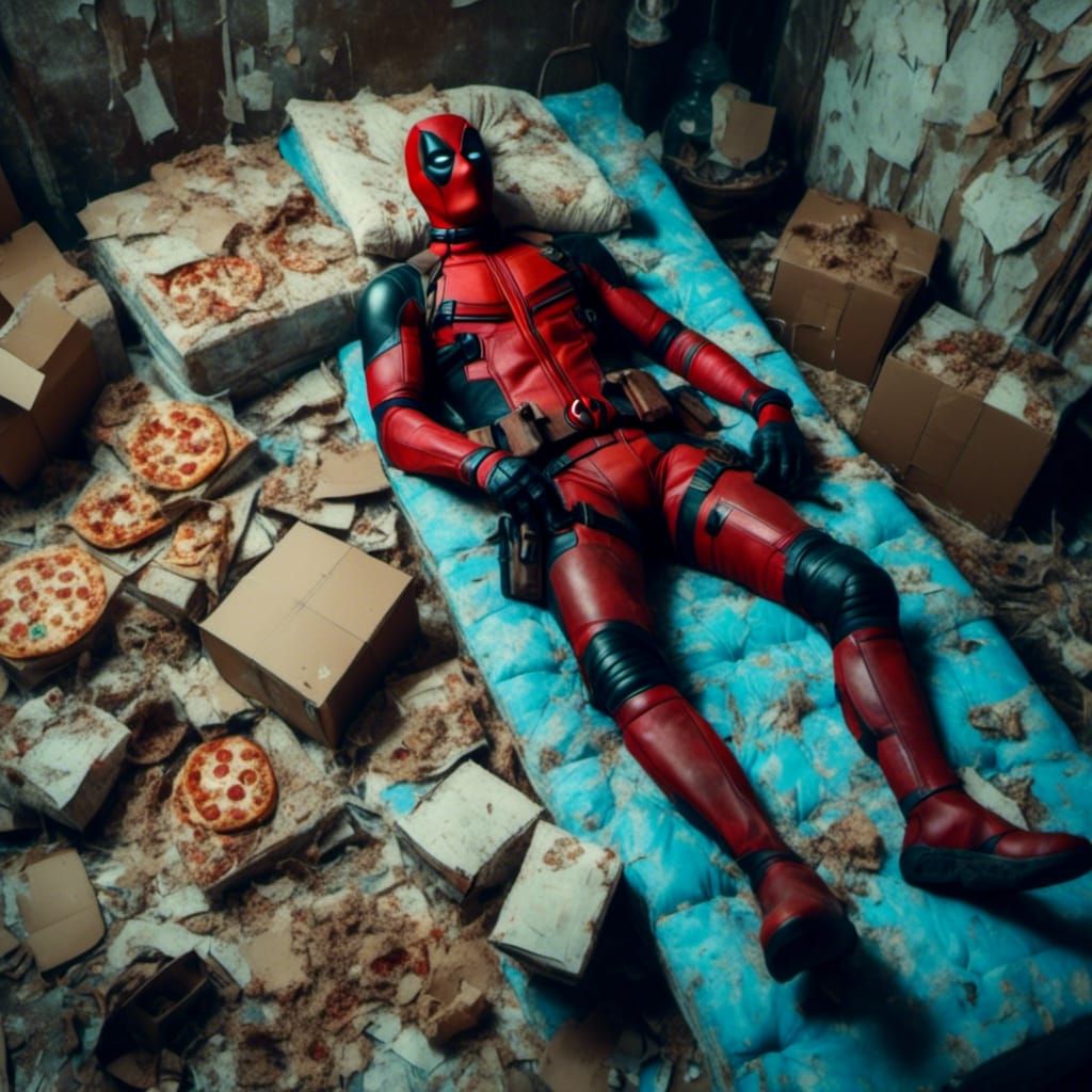 Hyperreal Deadpool Sleeps in Dirty Apartment