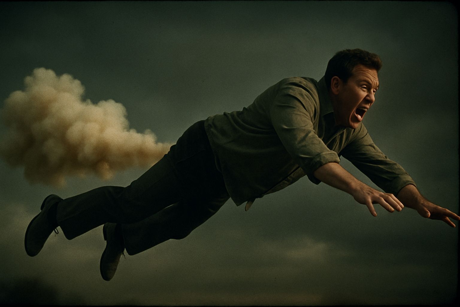 Man Flies Through Air Releasing Gas: Cinematic Still