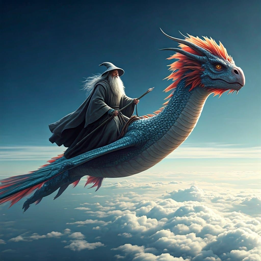 Grey Wizard Soars on Luckdragon through Ethereal Skies