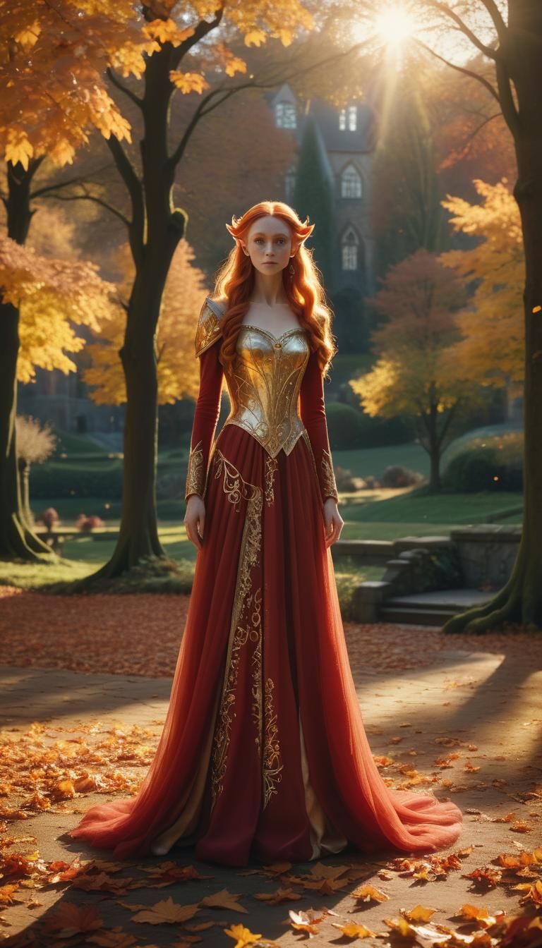Elf in Red and Gold Gown in Autumn Court