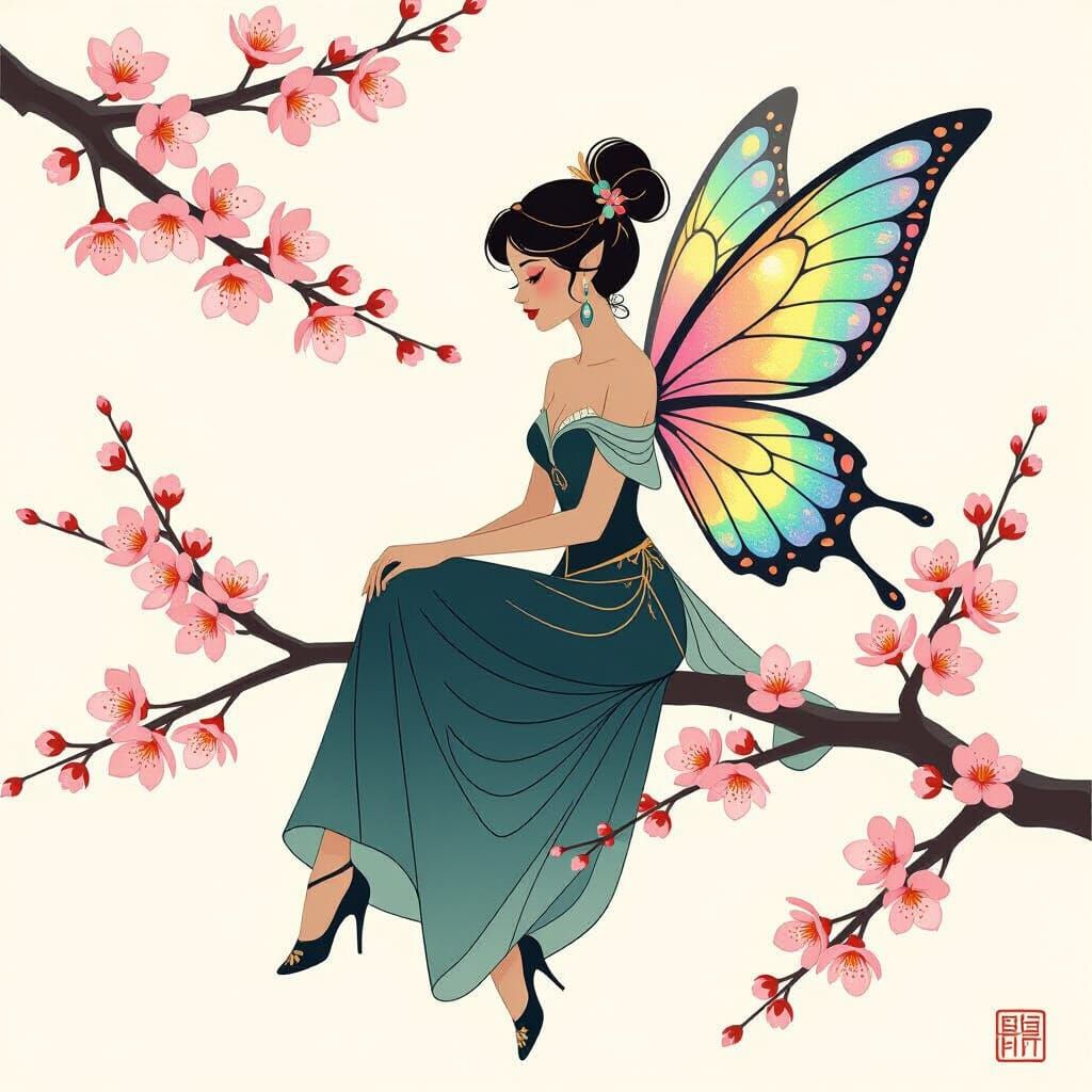 Fairy Silhouette with Cherry Blossoms, Ethereal Art