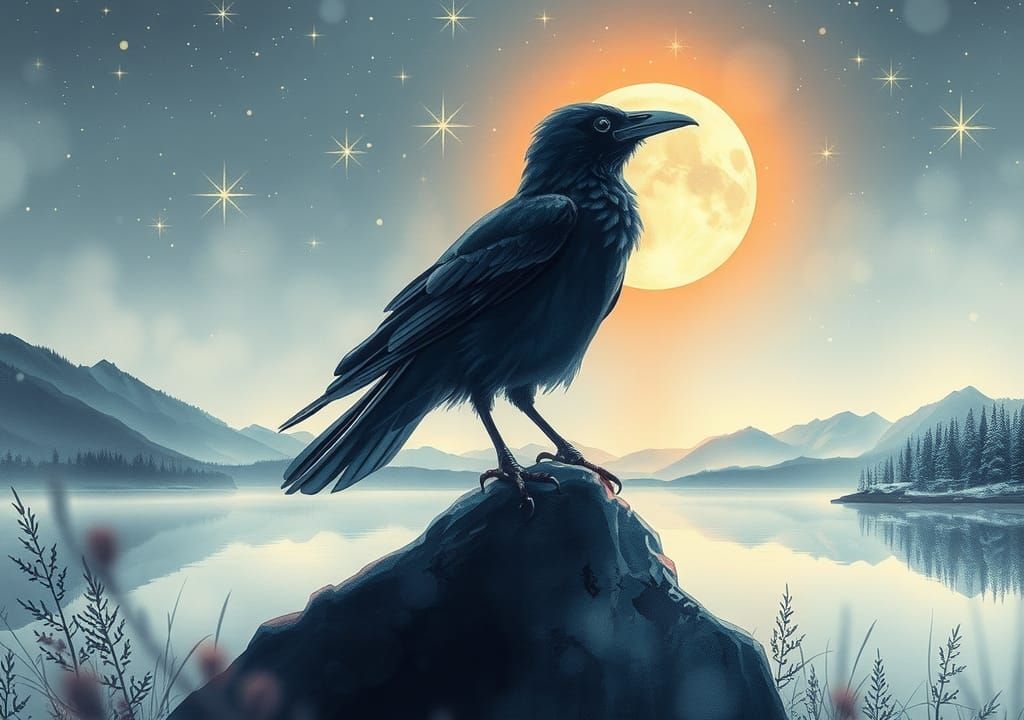 Crow on Windswept Rock: Double Exposure Watercolor Art