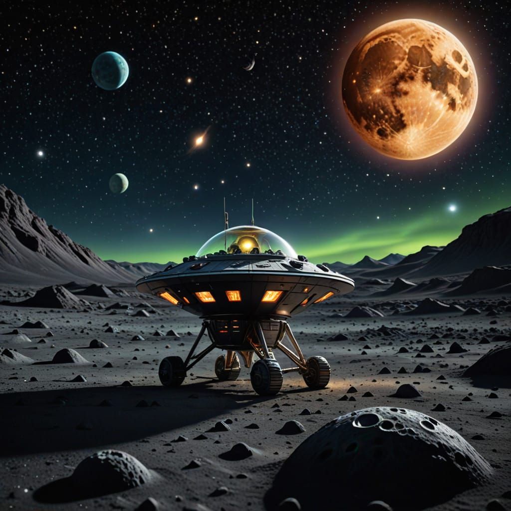 Hyperrealistic Moon Landscape with Alien Spaceship and Chibi...