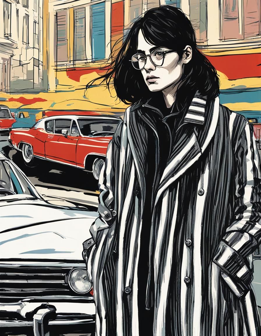 Cyberpunk Woman with Striped Coat and Glasses