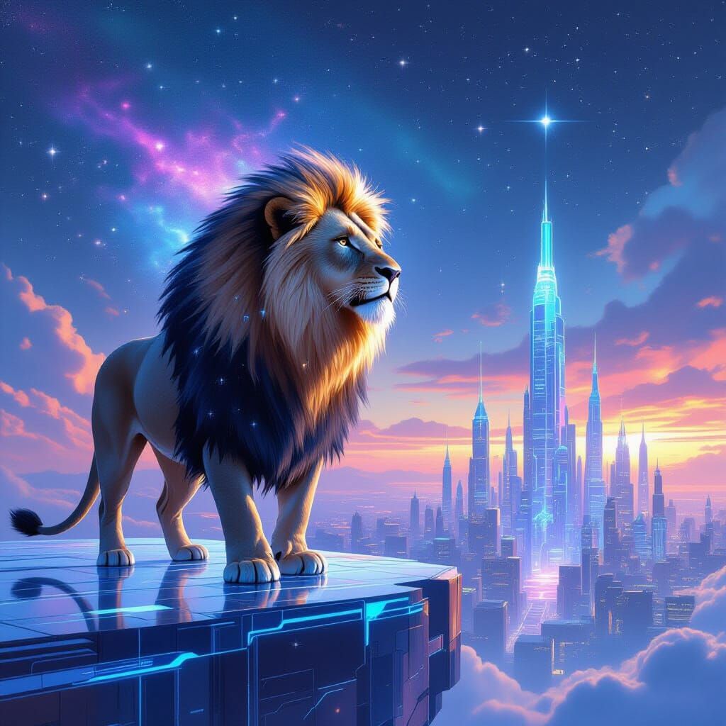 Nebula-Maned Lion Overlooking Holographic Cityscape