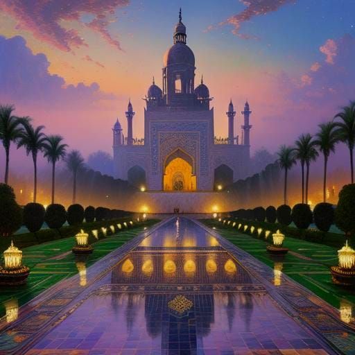 Taj Mahal Mosaic Oil Painting with Hibiscus Flowers