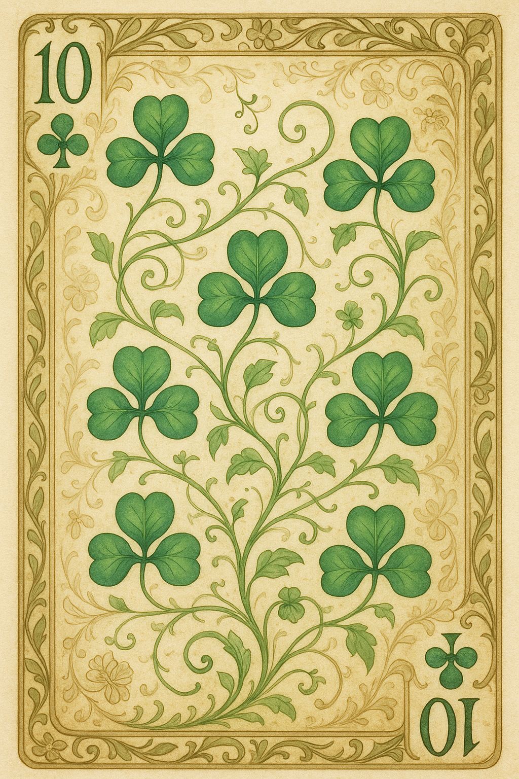 Art Nouveau Ten of Clubs Playing Card with Garden Elements