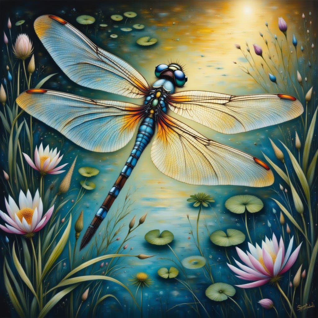 Ethereal Dragonfly in Vibrant Lake Scene