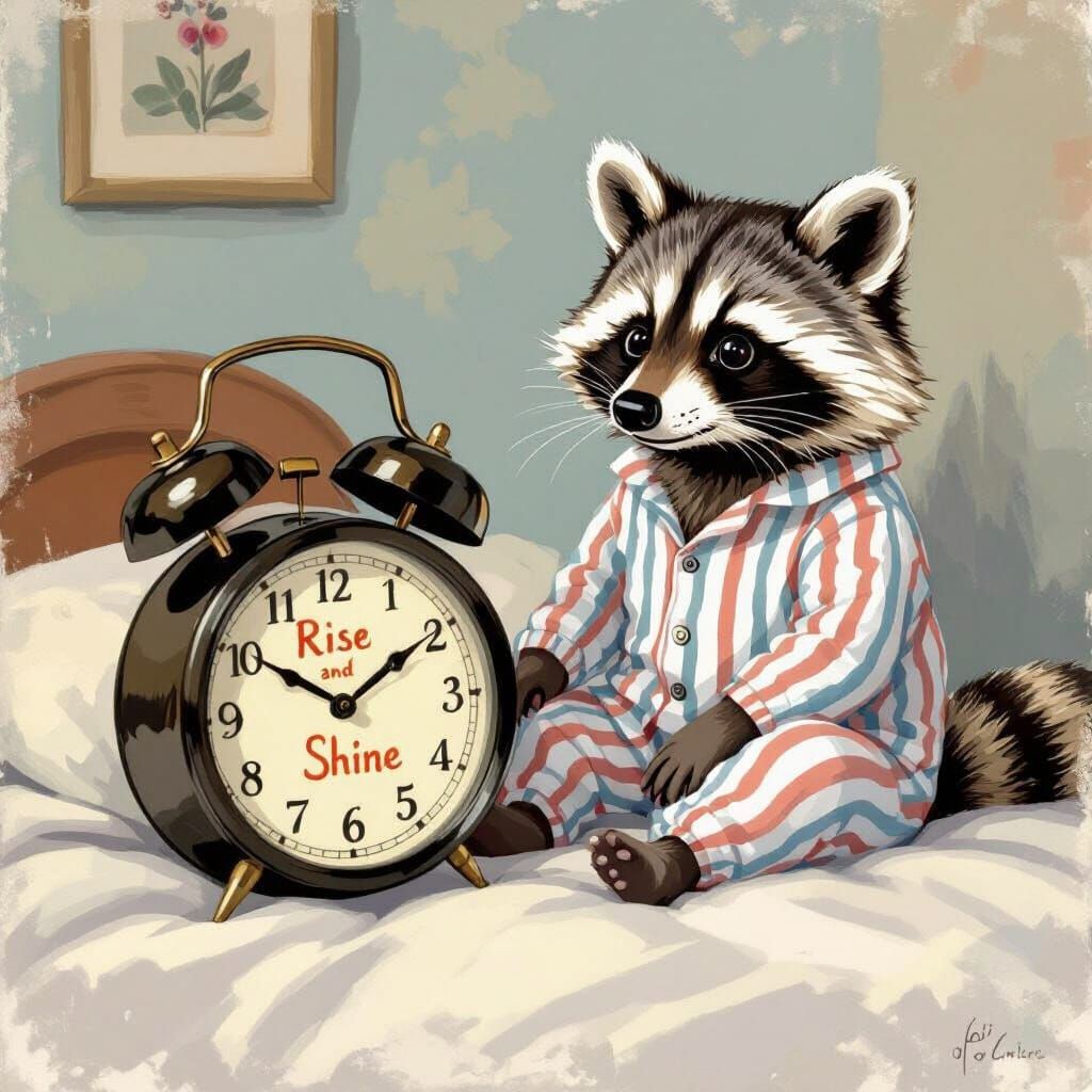 Raccoon in Pajamas Checks Alarm Clock in Whimsical Style