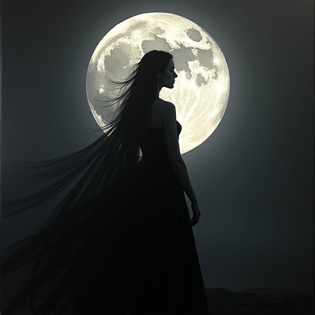 Full Moon Goddess Rising in Black Lowlight Painting