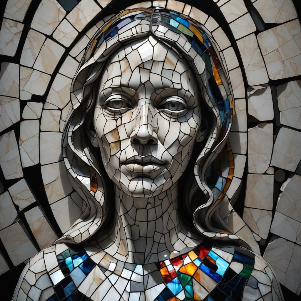 Cracked Marble Sculpture with Stained Glass Details
