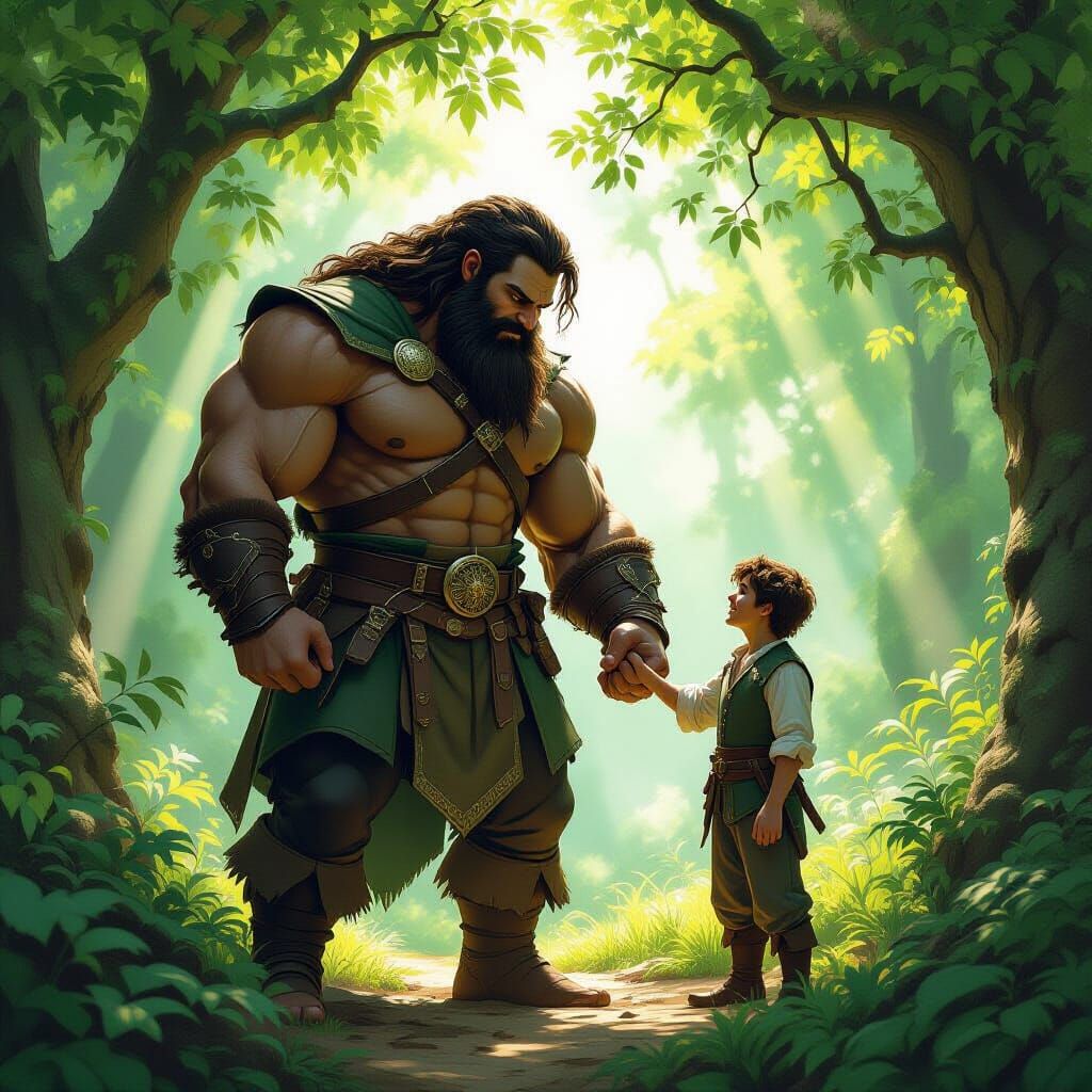 Muscular Giant and Human Friend in Enchanted Forest