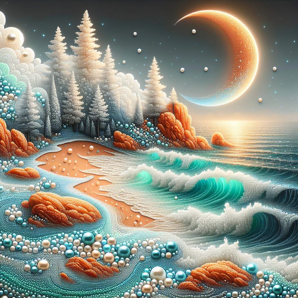 Pearl Beachscape Under Crescent Moonlight