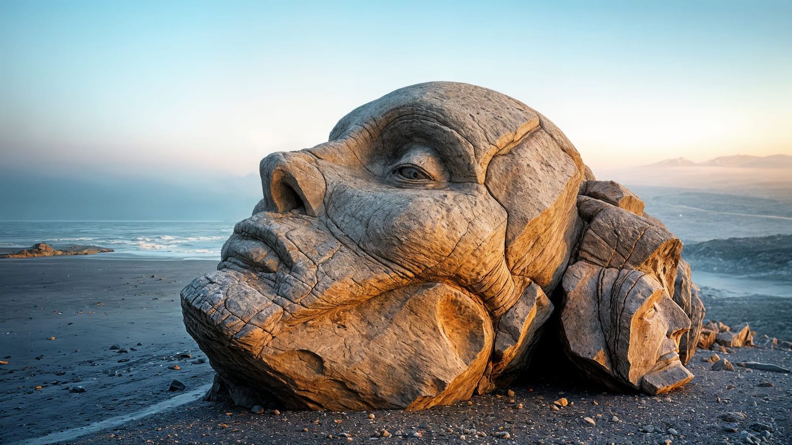 Fragmented Stone Face on Desolate Beach
