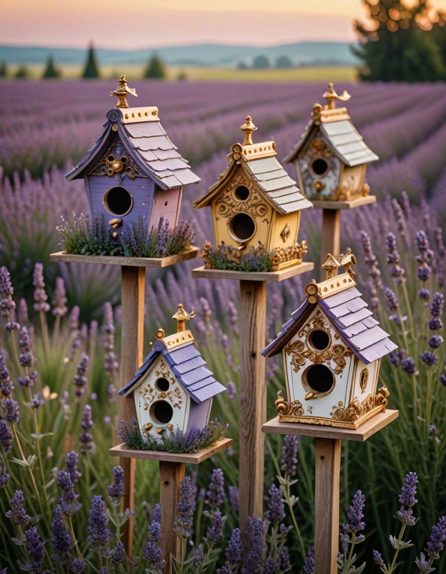 Rococo Masterpiece Birdhouses Amidst Lavender