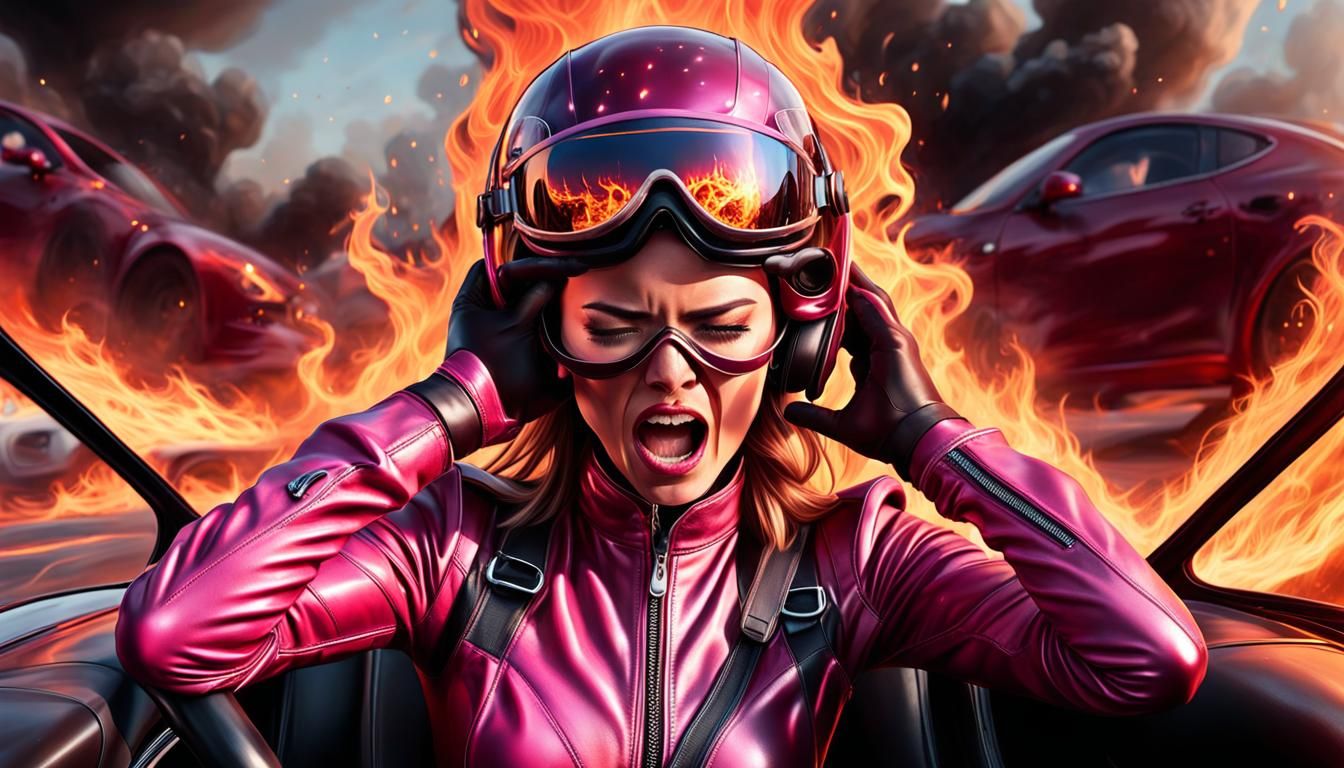 Burning Fear: Hyperrealistic Racing Accident Portrait