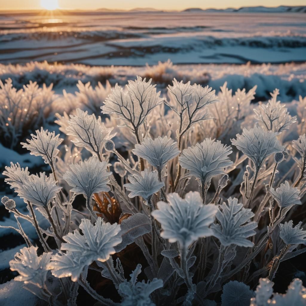 Frost Flowers in Golden Hour Icelandic Landscape