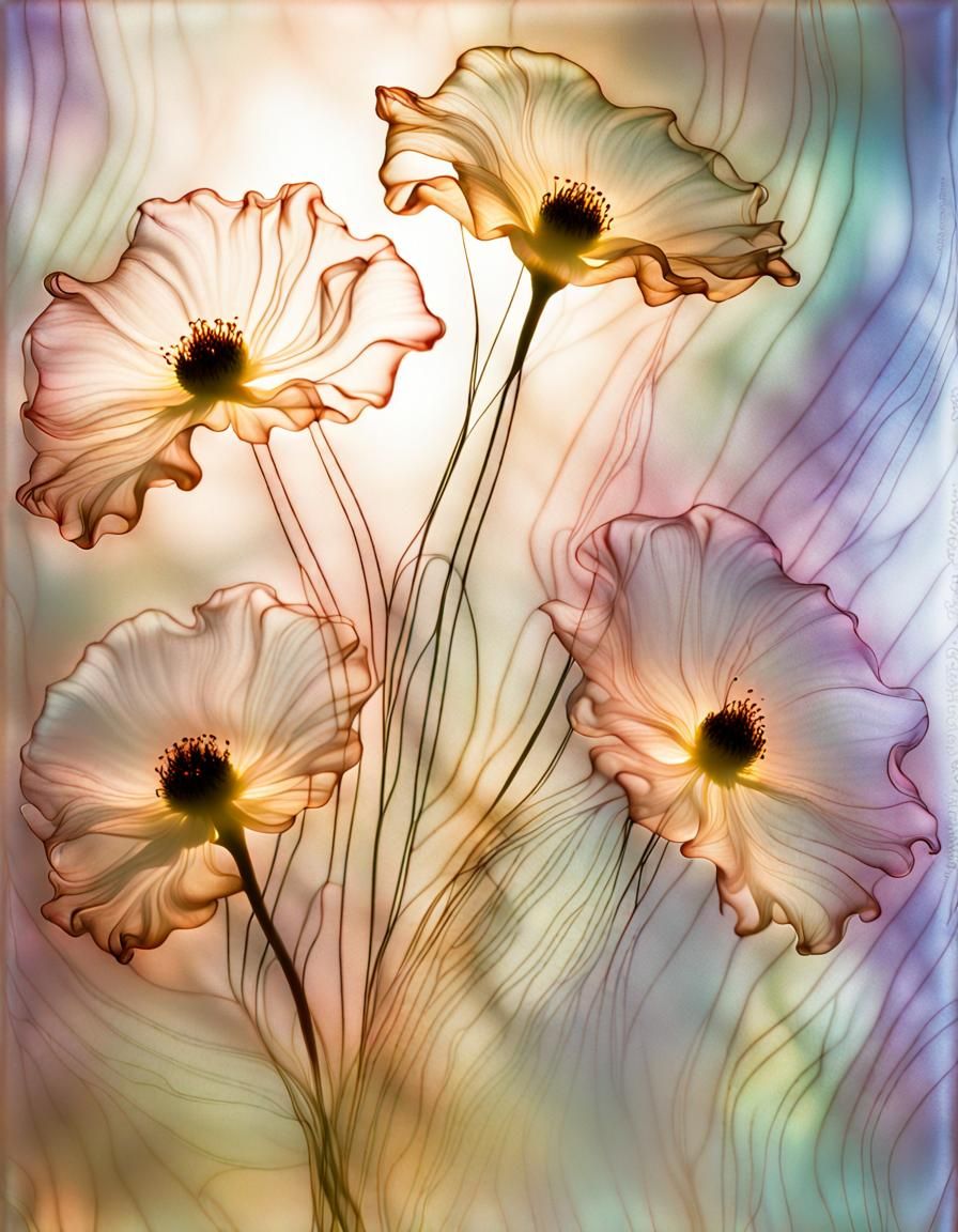 Opalescent Gerber Flowers Autography on Silk
