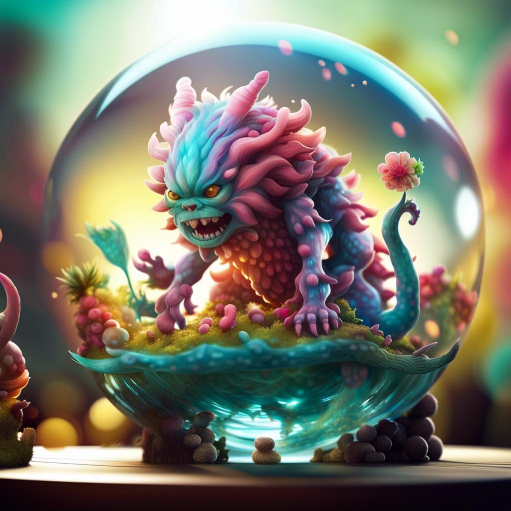 Chibi Kaiju Monsters in Glass Sphere