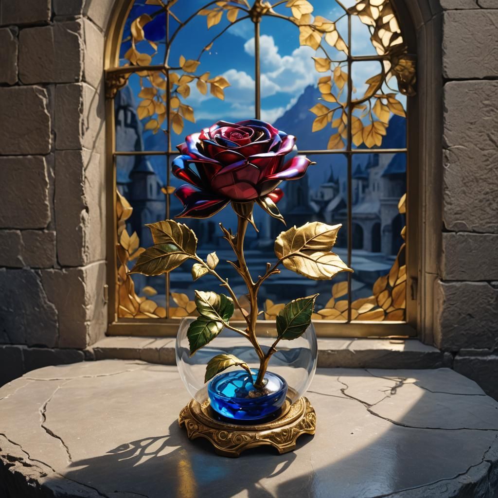 Glass Rose with Gold Leaves in Enchanted Display