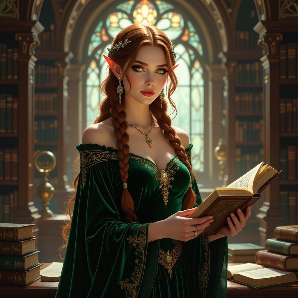 Elven Sorceress in Library, Art Nouveau Style