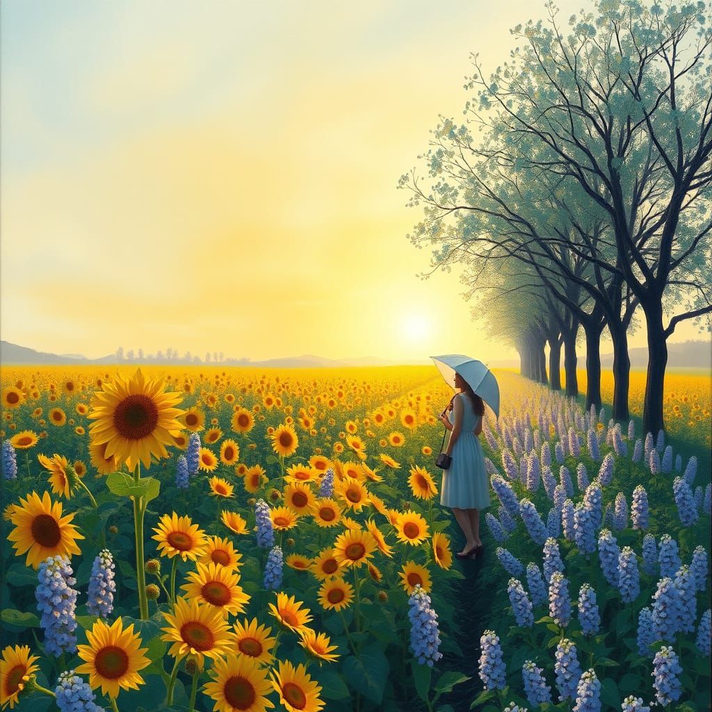 Impressionistic Sunrise Over Sunflower and Lilac Fields