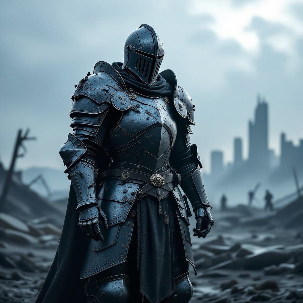 Knight in Weathered Robotic Armor on War-Torn Battlefield