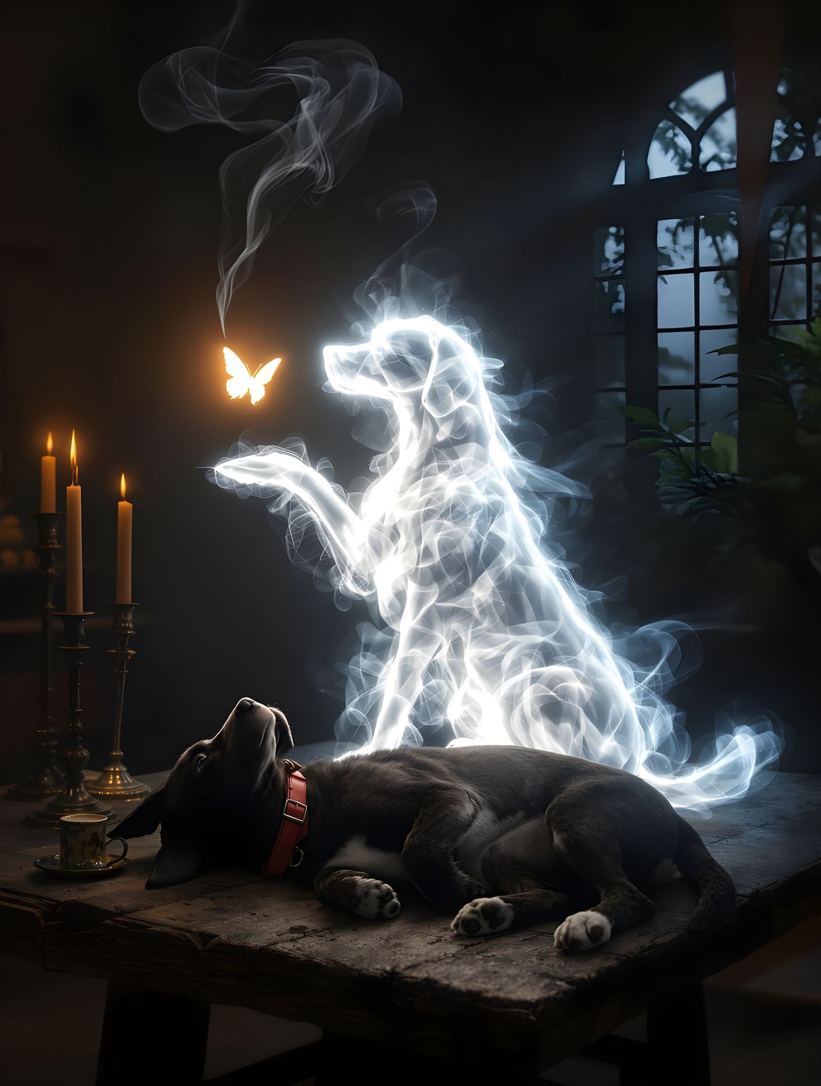 Ethereal Smoke Dog Illuminated by Heavenly Glow