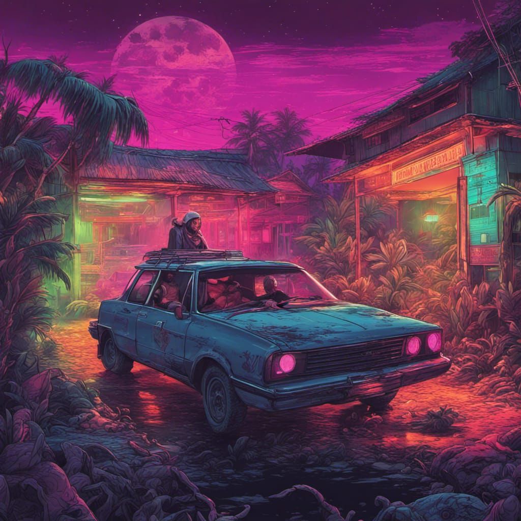 Hallucinating Man Encounters Aliens in Synthwave Kampung