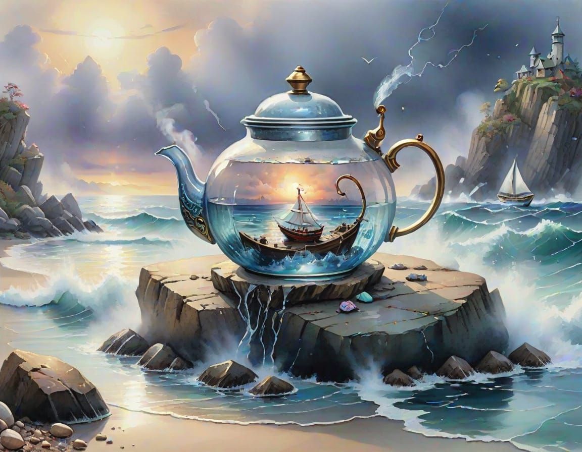 Teapot Shipwreck in Stormy Seas - Watercolour