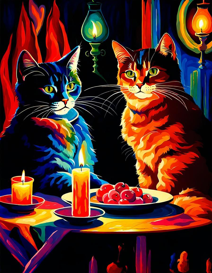 Cats' Candlelit Dinner in Chiaroscuro Style