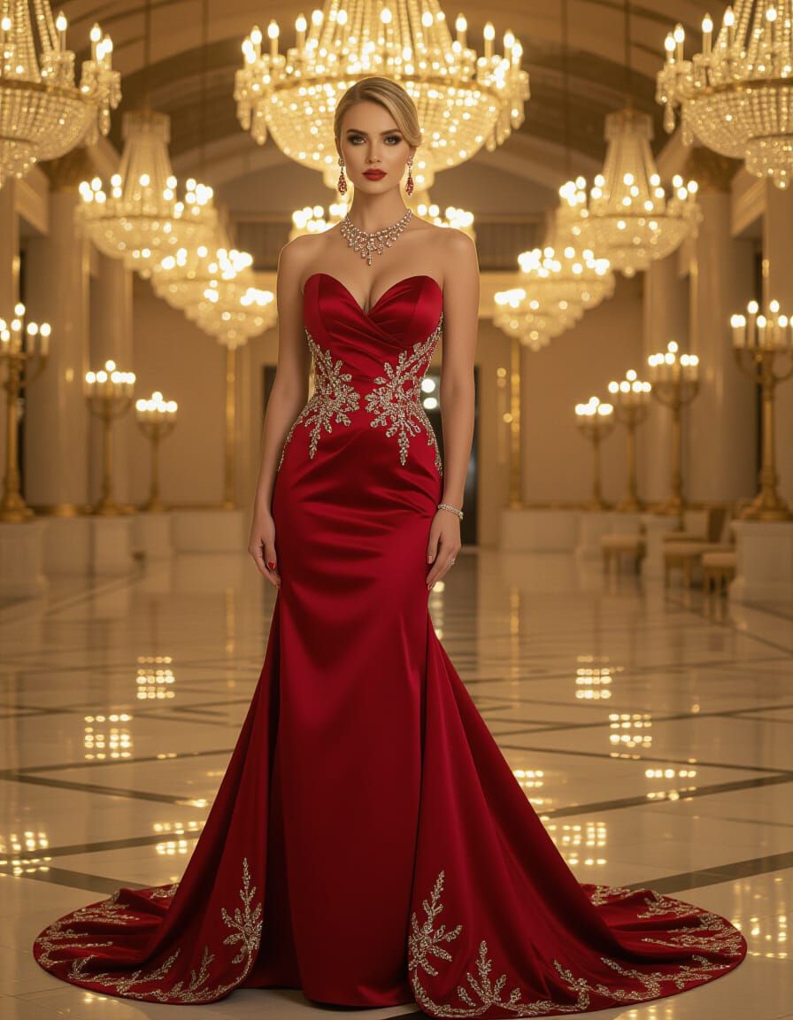 Elegant Blonde Woman in Crystal-Embellished Red Gown