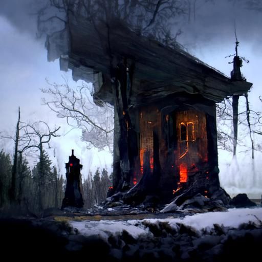 Sinister House with Fireplace in Dark Woods