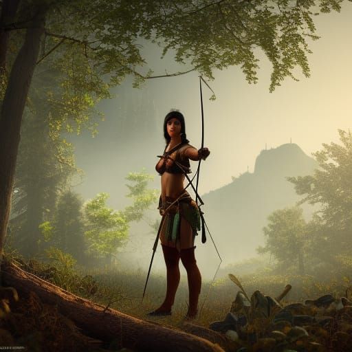 Archer Woman in Forest: Detailed Matte Painting