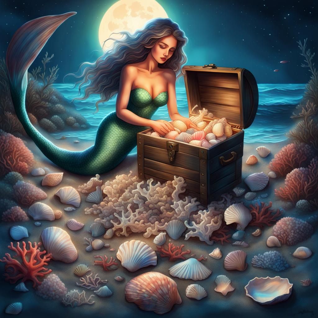 Mermaid Discovering Treasure: Holographic Astral Illustratio...