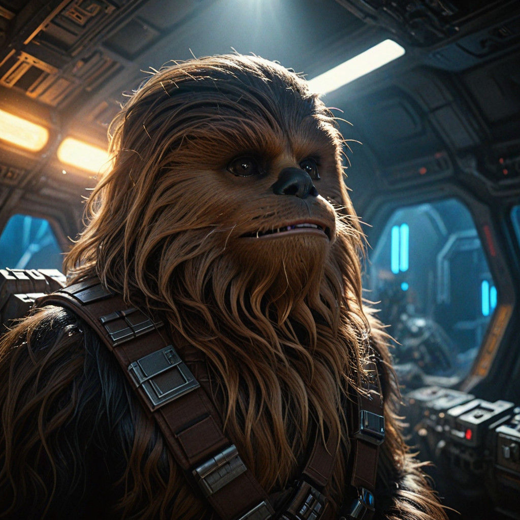 Gritty Post-Apocalyptic Scene of Chewbacca Repairing Spacesh...