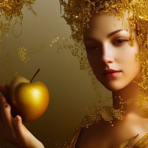 Woman with Golden Apple Jewelry: Surreal Holographic Art
