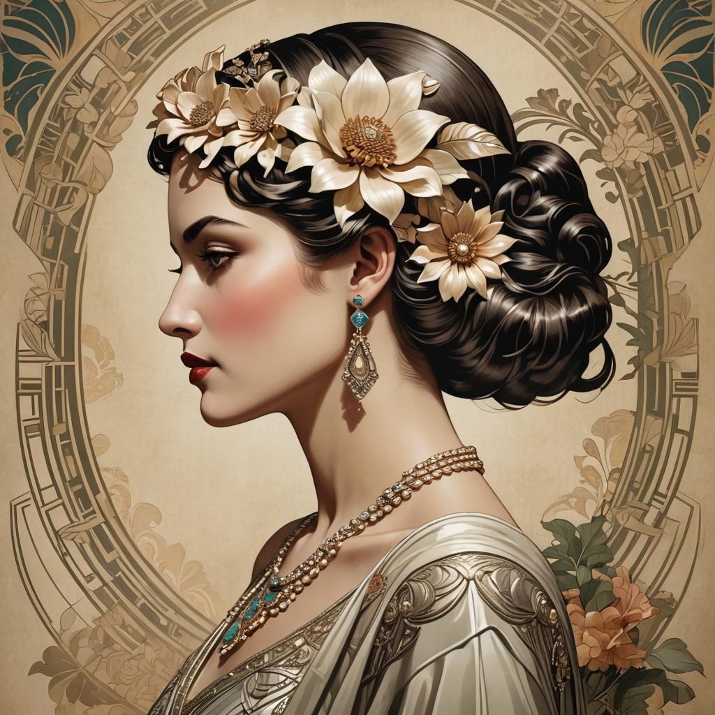 Art Deco Woman Profile with Ornate Flower