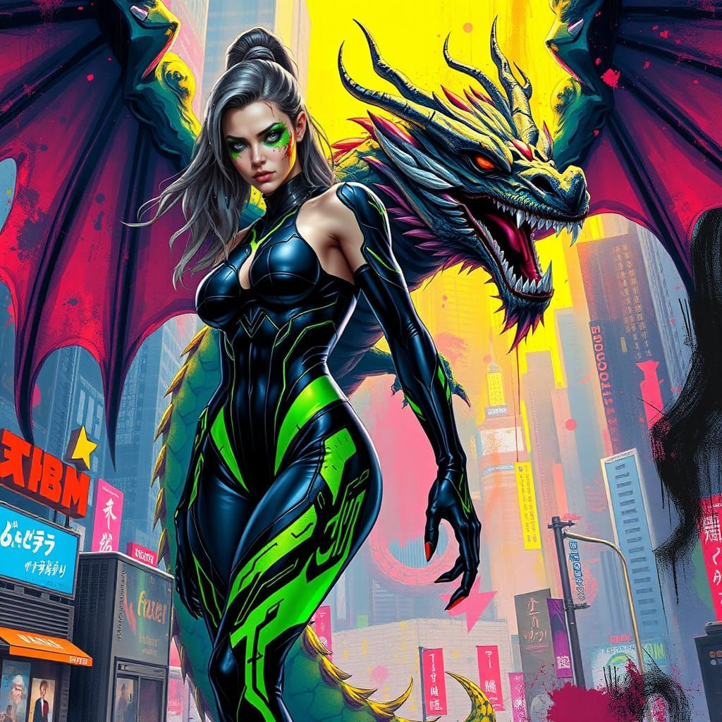 Cyber Warrior Woman Stands Heroically Beside Majestic Dragon...