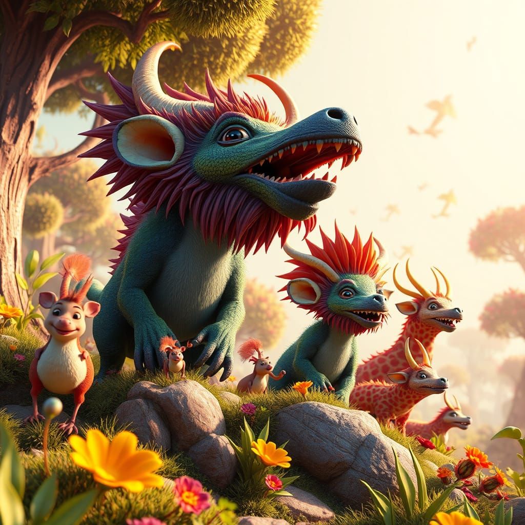 Wild Beasts in a Hundertwasser-Inspired 3D Landscape