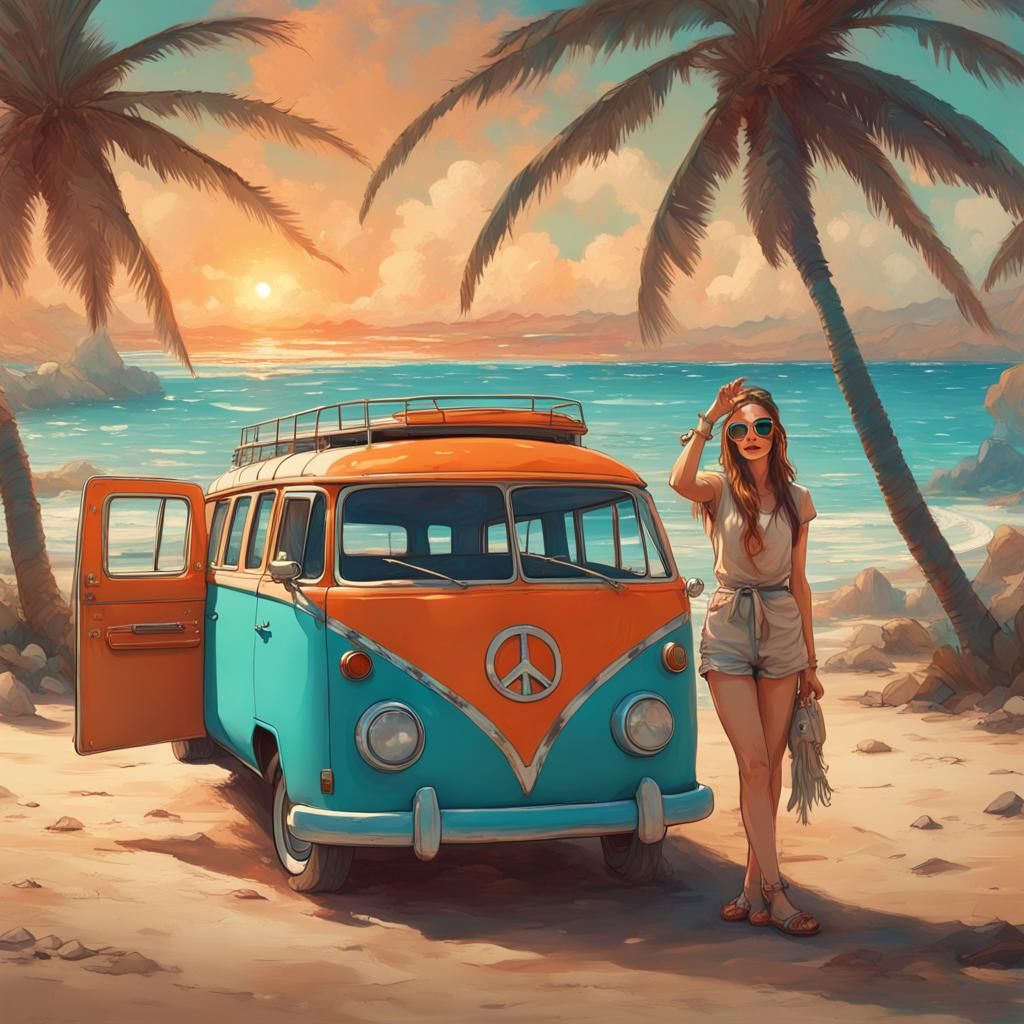 Vintage Van on Beach in Hyperdetailed Digital Art