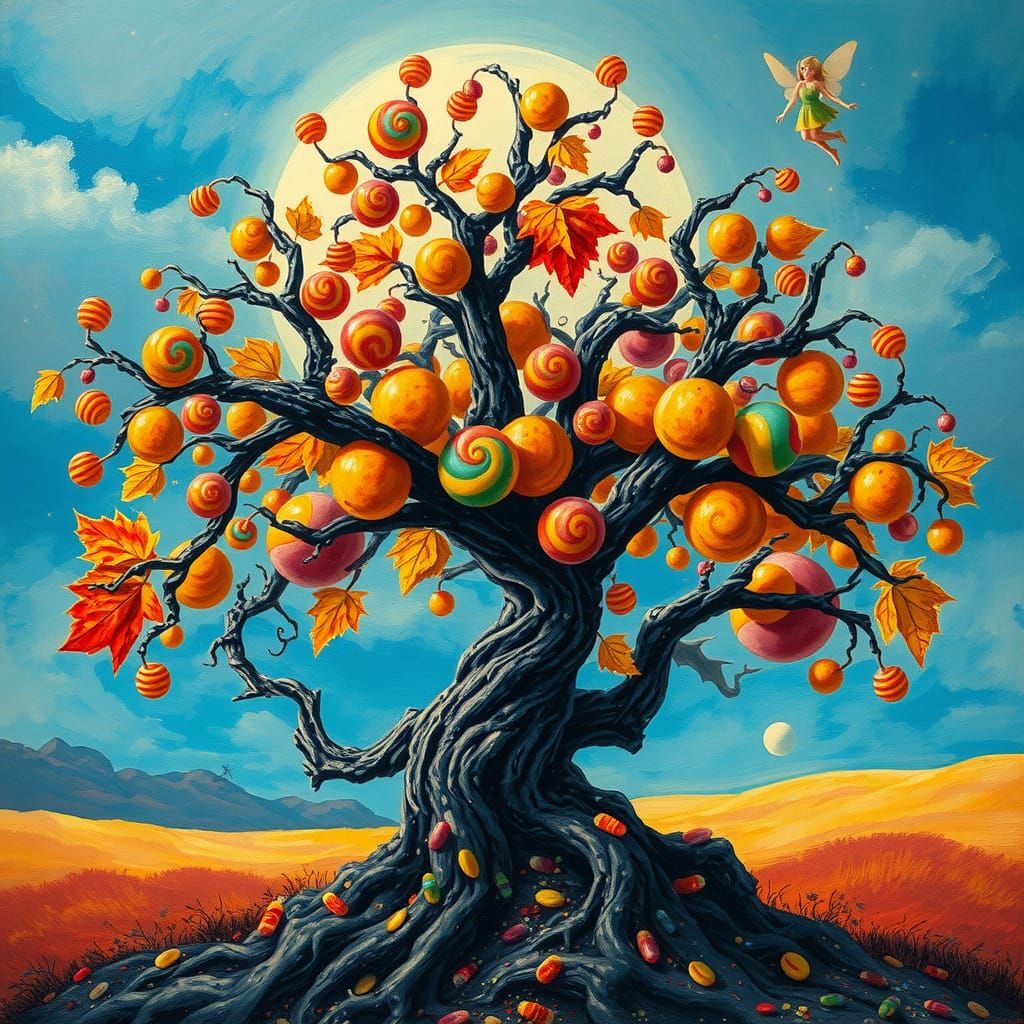 Surreal Halloween Tree with Candy Fruits