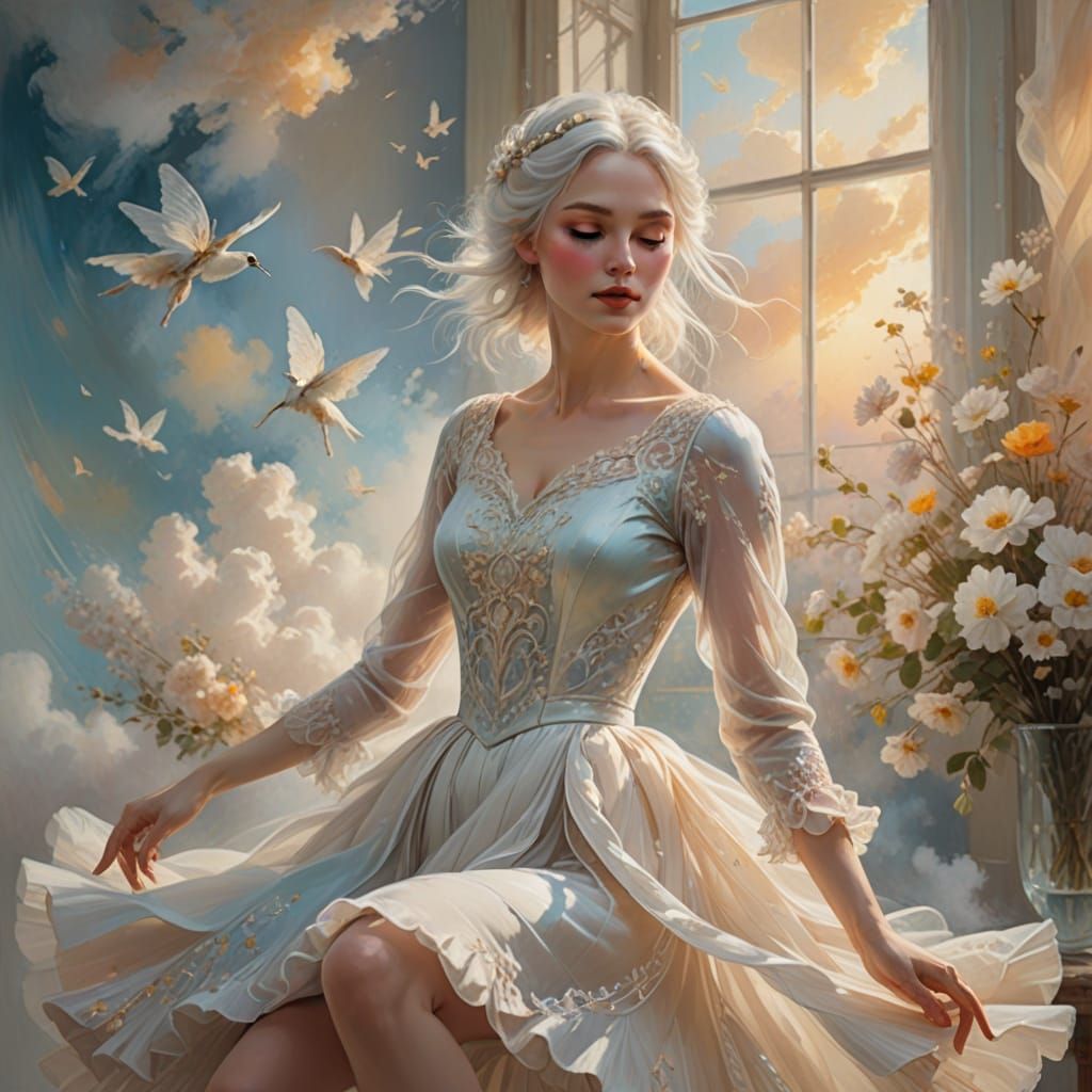 Whimsical Adult Girl in White Ballet Dress on Cloudy Sky